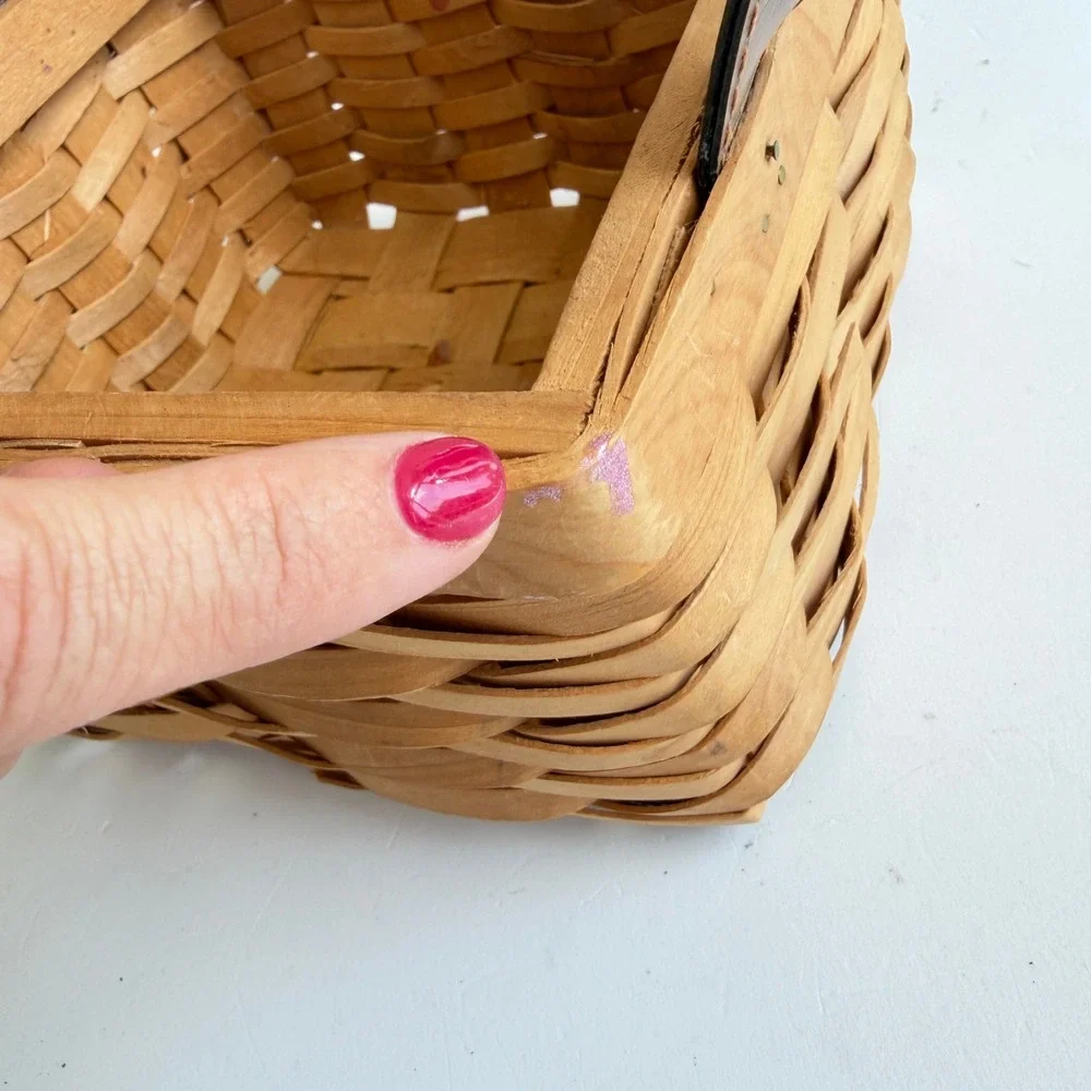 Vintage Woven Wood Square Basket with Brown Faux Leather Handles Farmhouse Decor